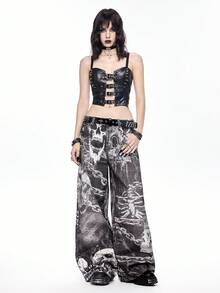 ROMWE Grunge Punk Jeans anchos y sueltos con estampado de cadena de calavera y esqueleto de estilo gótico oscuro - Gris - Ver 2