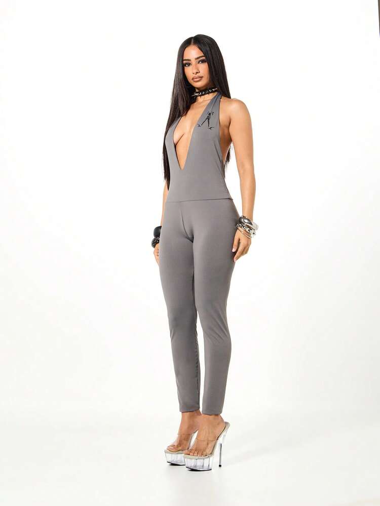 SUMWON WOMEN Deep Plunge Halter Neck Jumpsuit