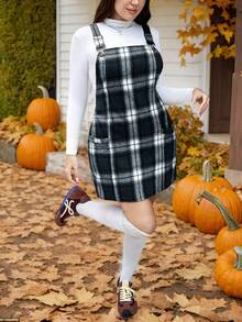 SHEIN LUNE 大码女式黑色灯芯绒连衣裙，带口袋和可调节肩带，适合 Barnfit 感恩节女装、新年女装、冬季连衣裙、冬季服装、锐舞派对服装和连身裙。 - 黑色 - 查看 6