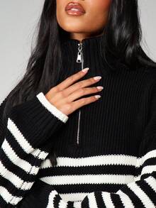 MISSGUIDED 超大款四分之一拉链条纹毛衣高领罗纹针织套头衫秋冬套头衫 - 黑與白 - 查看 5