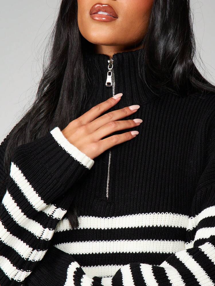 MISSGUIDED Oversized Viertel-Reißverschluss gestreifter Pullover mit hohem Kragen, gerippter Strickpullover für Herbst und Winter