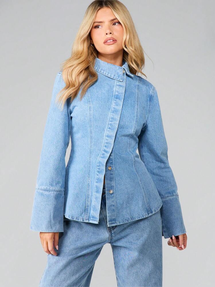 MISSGUIDED Chaqueta vaquera de lavado claro con botones, cuello y solapa, estilo casual y estructurado, estilo occidental clásico para primavera y otoño