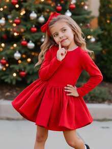SHEIN Váy len cổ tròn chắp vá họa tiết đèn lồng cho bé gái, váy dài tay thanh lịch có quần short bên trong, phù hợp cho mùa thu đông, màu đỏ cho Giáng sinh, trang phục dự tiệc, trang phục hàng ngày đến trường, váy sinh nhật, váy công chúa, trang phục phù hợp cho mẹ và con gái và chị em gái - Đỏ - Xem 6