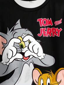 TOM & JERRY X SHEIN Tween Girl Casual Letter & Cartoon Graphic Round Neck Short Sleeve T-Shirt, Summer - White - View 4