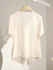 SHEIN Clasi Women's Simple Casual Metal Button Closure Short Sleeve Blouse, Delicate And Solid Color, Summer Top - Apricot - View 2