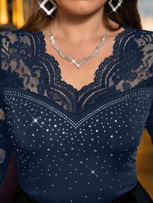 SHEIN Clasi Plus Size Women Floral Lace Patchwork Rhinestone Embellished Camisole - Navy Blue - View 7