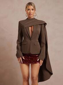 Lumalex 1 chiếc áo blazer nữ tay dài, đệm vai, cổ chữ V sâu, eo thắt - Cà phê nâu - Xem 7