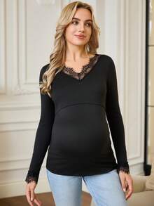 SHEIN Pregnant Women's Contrast Lace V-Neck Long Sleeve Fashionable Nursing Top Lingerie Lingerie Set Underwear Women Pajama Pajama Dress Loungewear Nightgown Robe Sleepwear Sleepwear Set Tank Top With Bra - Black - View 5