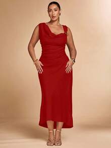 SHEIN BAE 大码女式卡其色不对称金属连衣裙 - 紅色 - 查看 1