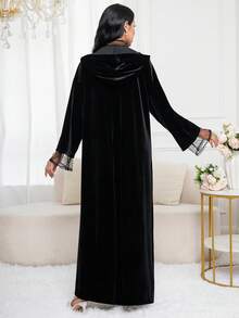 Al Najma 女士波尔卡圆点网格拼接长袖宽松优雅阿拉伯连衣裙 - 黑色 - 查看 2