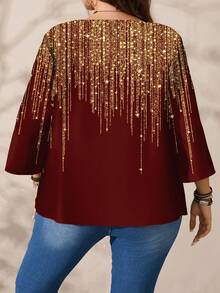 EMERY ROSE Chemise ample à col rond, imprimée sur tout le corps, manches 3/4, pour femmes grandes tailles, automne/hiver - Rouge foncé - Voir 4