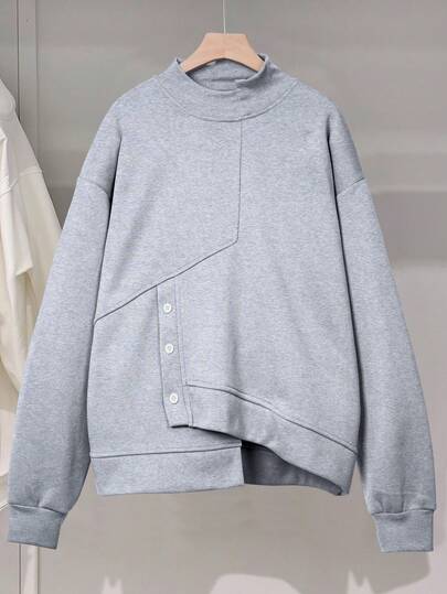 INAWLY Women's Solid Color Drop Shoulder Long Sleeve Button Design Asymmetric Hem Casual Loose Sweatshirt