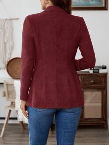 EMERY ROSE 女式纯色翻领长袖单扣休闲西装外套 - 酒紅色 - 查看 2