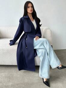 Firerie Women's Elegant Minimalist Casual Commute Daily Street Fashion Urban Chic New Double-Breasted Cinched Waist Elastic Navy Blue Mid-Length Trench Coat, Autumn/Winter - Navy Blue - View 3