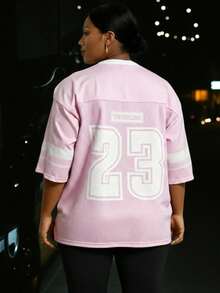 Slaydiva New Spring/Summer Casual Street Sports Competition Design Contrast Color Stripe Numeric Letter Slogan Logo All-Over Print Plus Size Women T-Shirt - Pink - View 2