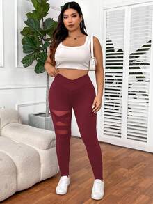 SHEIN PETITE CURVE 大码女式纯色基础日常打底裤 - 酒紅色 - 查看 4
