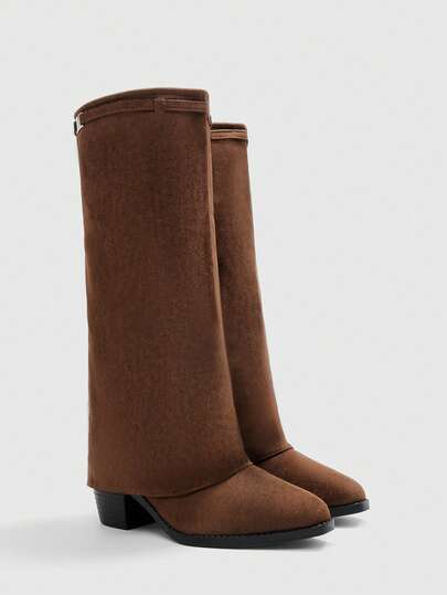 CUCCOO BIZCHIC Women's Coffee Suede Square Toe Thick Heel Tall Boots, Casual Commute High Shaft Knee-High Boots For Autumn/Winter