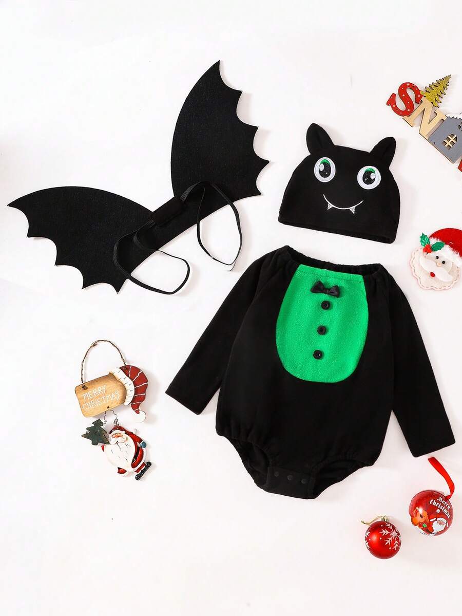 SHEIN 3pcs Baby Boy Halloween Costume Outfit With Detachable Bat Wings, Cute Role Play Romper Set For Autumn/Spring, For Christmas - Dark Green - View 1