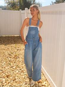 Sydney Algeri 女士休闲水洗宽松牛仔背带裤 - 中等水洗藍 - 查看 6