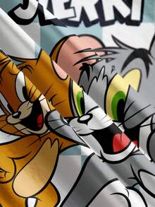 TOM & JERRY X SHEIN Young Boy Casual Checkered Cartoon Pattern Round Neck Short Sleeve T-Shirt, Summer