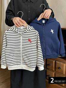 Pixure 2pcs Young Boy Knitted Solid Striped Zip Up Sweatshirt , Long Sleeve Tops, Hoodies, Pony Embroidery Pattern, Fall, Sweatshirts, Cozy Fall & Winter Styles, Autumn And Winter - Multicolor - View 1