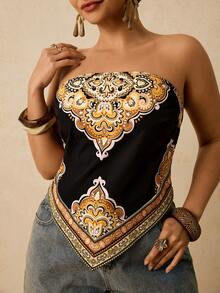 Travachic 大码女式简约热带印花吊带背心，休闲海滩度假风 - 黑色和金色 - 查看 3