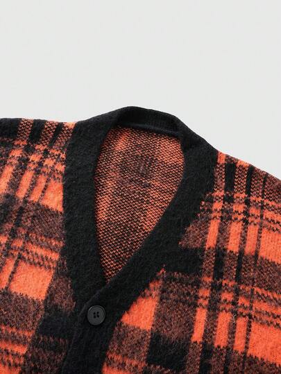 ROMWE MEN Prep Herren Karomuster Jacquard Strickjacke, locker geschnitten, Langarm Oberteil