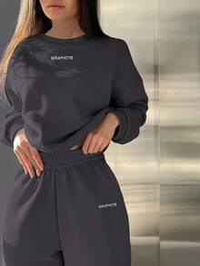 INAWLY 2 件套女士字母印花圆领长袖运动衫和运动裤休闲装，秋季 - 深灰色 - 查看 4