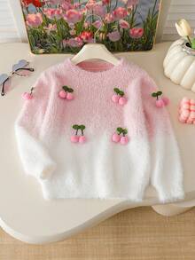 Genkimix Kids Young Girl 3D Cherry Patterned Casual Loose Round Neck Gradient Long Sleeved Sweater, Fashionable Winter - Multicolor - View 5
