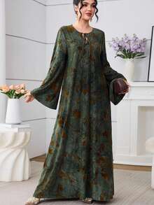 Al Najma 橄榄绿系带领针织提花宽松连衣裙 - 彩色 - 查看 4