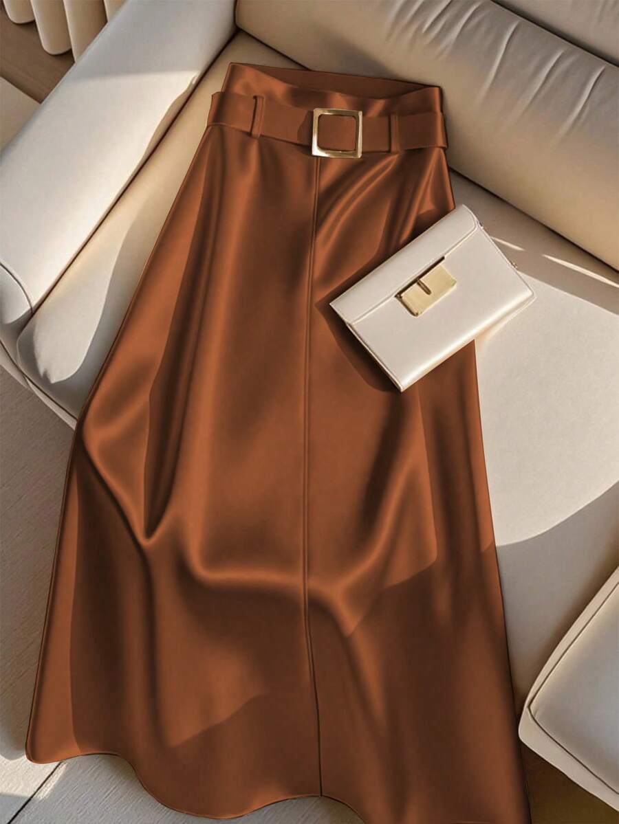 Franclia Women's Elegant Satin Metallic Waist Belt Decor A-Line Skirt - Brown - View 1