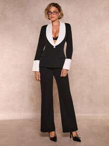 SHEIN Glamour Glamour Women's Black And White Contrast Suit Set,Elegant Summer Evening Office Wear,Business Blazer&Pants 2 Pieces Outfits,Commuting Elevated Style - Black and White - View 6