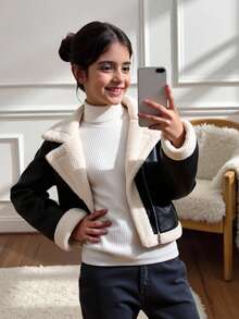 SHEIN Kurtka-płaszcz dla dziewcząt w stylu casual street chic w stylu motocyklowym z metalowym zamkiem błyskawicznym, z podszewką z poliuretanu, z polaru kompozytowego, z krótkim rękawem i klapami, ze sztucznego futra, w kolorze czarnym, na jesień/zimę