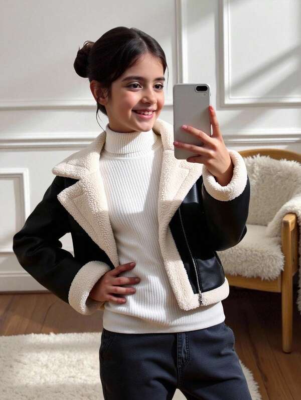 SHEIN Chaqueta/abrigo de piel sintética con cuello de motocicleta, cierre de cremallera metálica, forro de polar compuesto de manga larga y parches de piel sintética para niña preadolescente, estilo casual y urbano, color negro para otoño/invierno