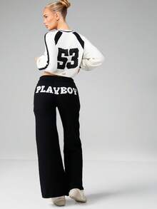 Missguided x Playboy Wide Leg Knitted Pants Casual Lounge Sweatpants Drawstring Waistband Fall Winter Comfort - Black - View 1