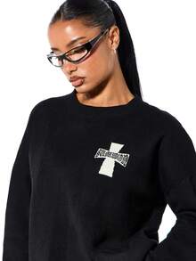 SUMWON WOMEN Oversized Crew Neck Knit Sweater With Cross Graphic Design For Fall Winter Casual Wear - Black - View 2