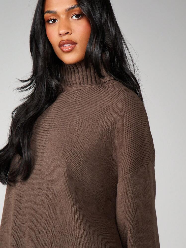 MISSGUIDED Oversized Funnel Neck Ribbed Knit Jumper With Side Split Hem Long Sleeve Casual Sweater Fall Winter Warm Pullover