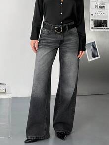 EURMUSE Women's Jeans Women's Casual Low Waist Snow Wash Wide Leg Jeans 2000s Style Black Jeans - Grey - View 6