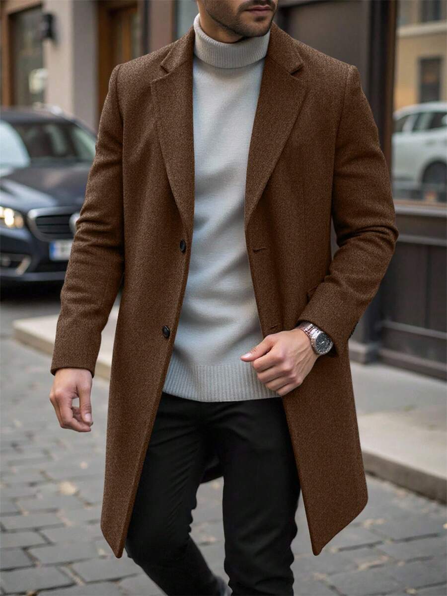 Manfinity Mode Men's Plus Size Coffee Brown Solid Color Lapel Single-Breasted Casual Overcoat,Autumn Elegant Formal Long Outerwear For Fall Winter Gray Formal Coat - Brown - View 1