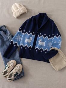 PrepCrw 1pc Tween Boys Elegant School Style Navy Blue Knit Collar Jacket,Cute Urban Dog Graphic Cardigan Sweater For Kids,Autumn Back-To-School Knitwear - Navy Blue - View 7