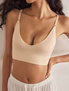 Ocili 1pc Seamless Wireless Soft Minimalist Neutral Colored Bralette, Comfortable And Simple For Summer Holiday - Apricot - View 6