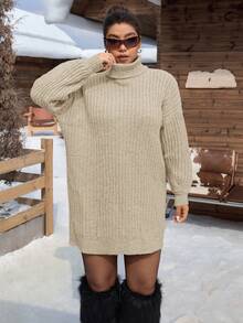 SHEIN EZwear 大码高领宽松粗针织灯笼袖毛衣连衣裙，秋冬款 - 杏色 - 查看 9