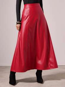 COSMINA 女士优雅纯色长款PU皮裙，秋冬款 - 紅色 - 查看 5