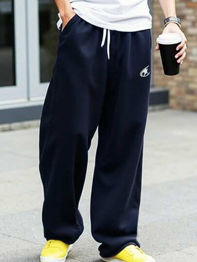 SHEIN 青少年男孩简约宽松黑色运动裤，休闲、舒适、时尚、百搭、面料柔软，适合日常穿着、上学、郊游、户外活动、秋冬