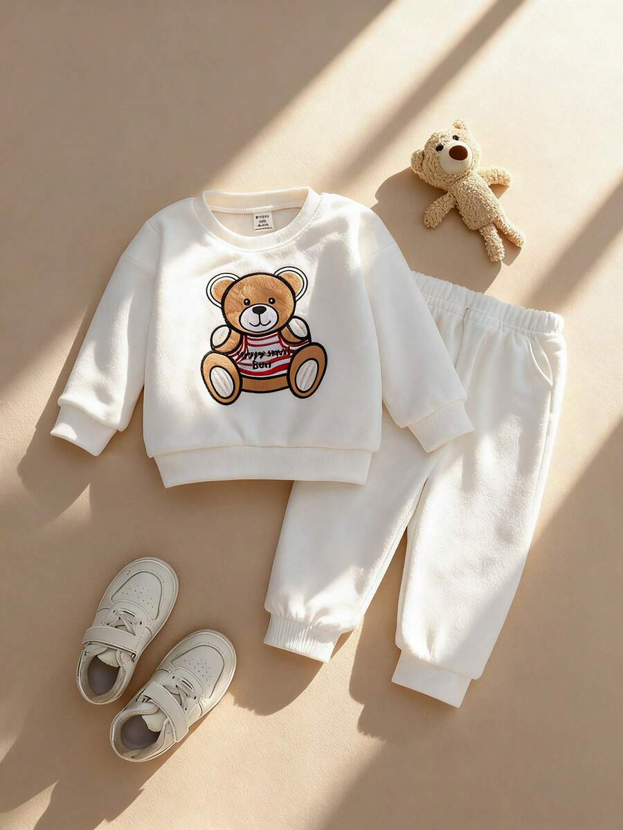 SHEIN Playful Pals 圓領可愛嬰兒毛絨男孩套裝 - 白色 - 查看 1