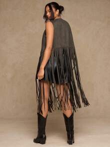 SHEIN VCAY 大码波西米亚西部风无袖流苏铆钉背心外套（女款） - 軍綠色 - 查看 2