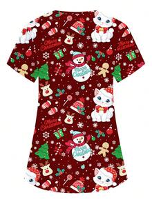 PopScrub 圣诞V领短袖双口袋可爱姜饼人、小猫、驯鹿、手套、儿童、圣诞帽、圣诞树、雪花、卡通印花护士/医生制服上衣/检查手术服/纯色宠物美容工作服上衣/营养师工作服短袖/实验室工作服，多口袋功能性工作服，女士节日功能性圣诞衬衫，圣诞装饰，可爱，欢乐 - 酒紅色 - 查看 2