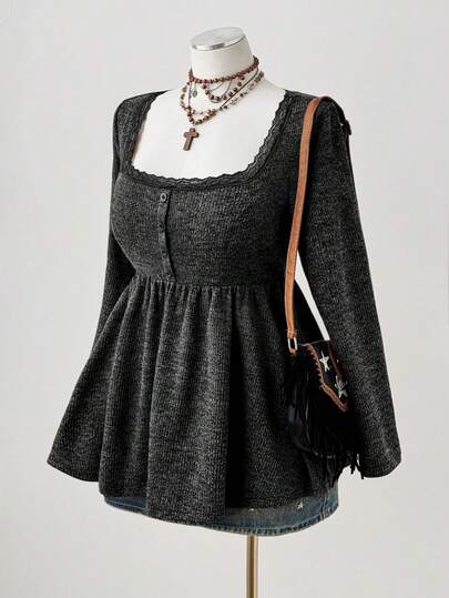 Sunspun 大码秋冬方领长袖高弹力荷叶边纽扣荷叶边休闲仿皮草毛衣，咖啡棕色，复古优雅，适合约会和聚会