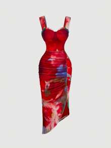 SHEIN MOD Váy midi họa tiết hoa lãng mạn, viền bất đối xứng - Nhiều màu - Xem 7