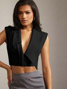 Hauture Áo ba lỗ không tay đệm vai trơn thanh lịch dành cho nữ, phong cách gợi cảm thường ngày nơi công sở - màu đen - Xem 2